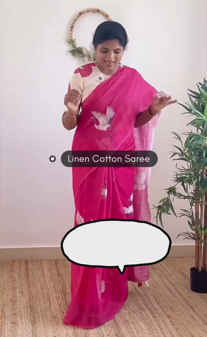Crane Serenity  Elegant Linen Cotton Digital Printed Saree with Matching Printed Blouse