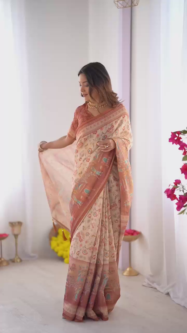 Rustic Bloom Floral, Horse & Village Digital Printed Linen Cotton Saree with Matching Blouse & Zahlar Tussl