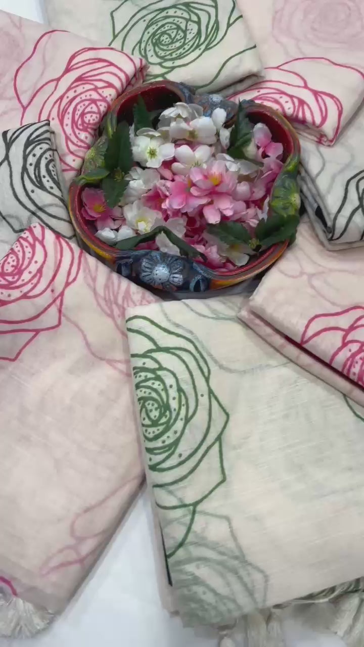 Floral Linen Cotton Digital Printed Saree