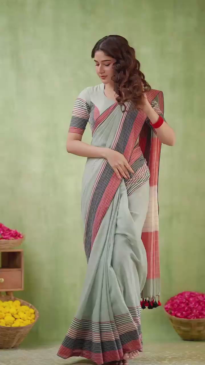 Premium Lining Pallu Linen Cotton Saree with Zahlar Tussle