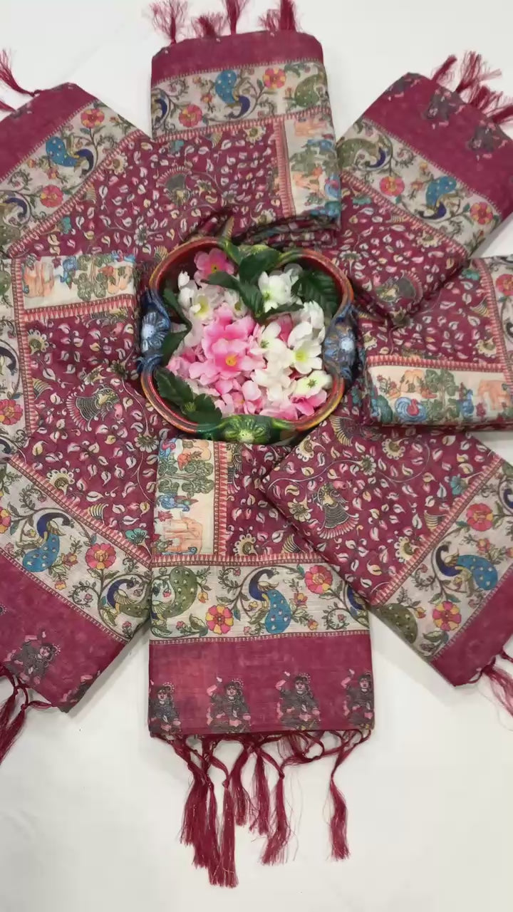 Full Body Floral Rich Pallu Linen Cotton Saree with Zahlar Tussle