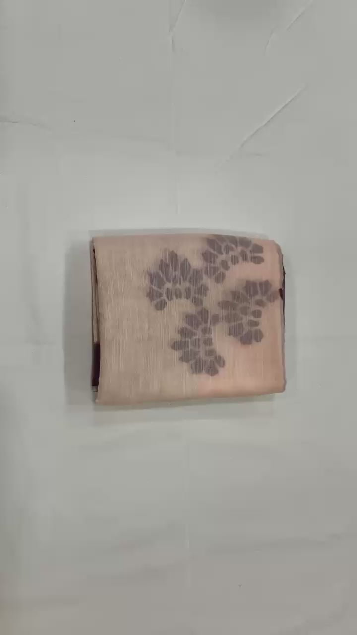 Wine Paw Elegance Silver Patta Weaving Linen Cotton Saree with Paw Print Digital Design & Matching Blouse