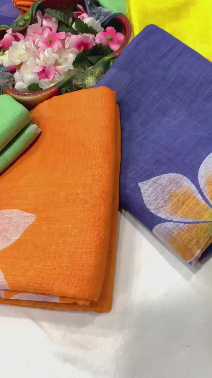 Floral Elegance Premium Linen Cotton Digital Printed Saree with Satin Banglory Blouse