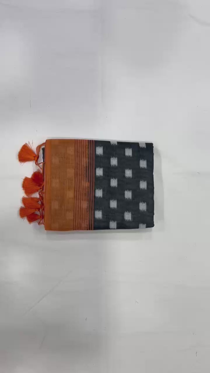 Plus Symbol Linen Cotton Saree with Zahlar Tussle