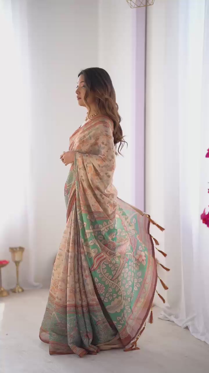 Peacock Paradise Forest & Village Digital Printed Linen Cotton Saree with Matching Blouse & Zahlar Tussle