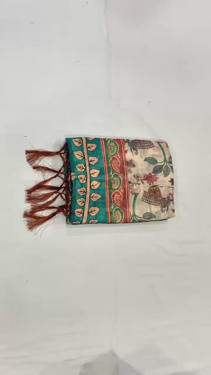 Peacock Paradise Forest & Village Digital Printed Linen Cotton Saree with Matching Blouse & Zahlar Tussle
