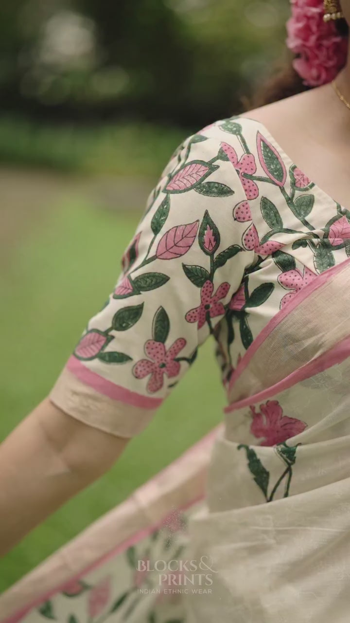 Elegant Blossom Digital Print Linen Cotton Saree with Matching Blouse