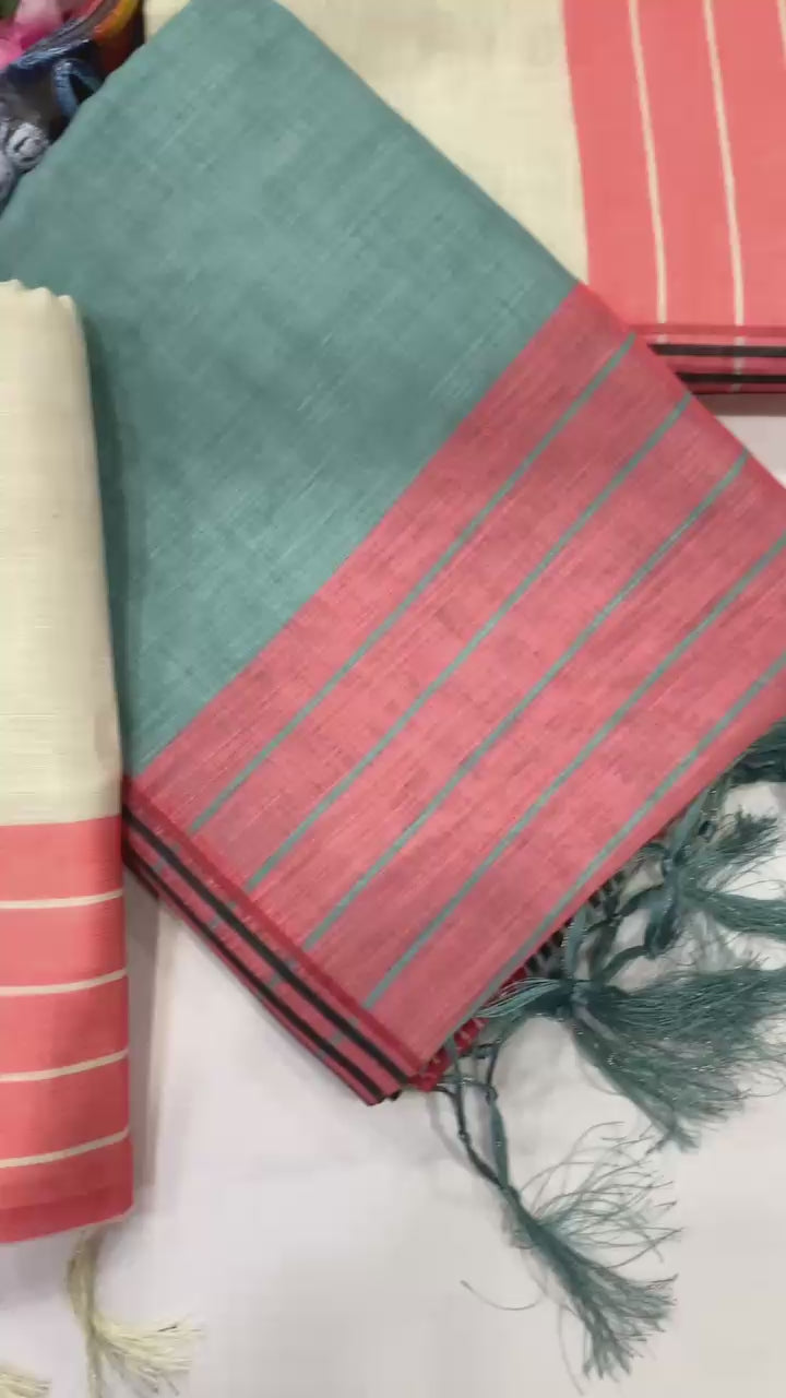 Premium Lining Pallu Linen Cotton Saree with Zahlar Tussle