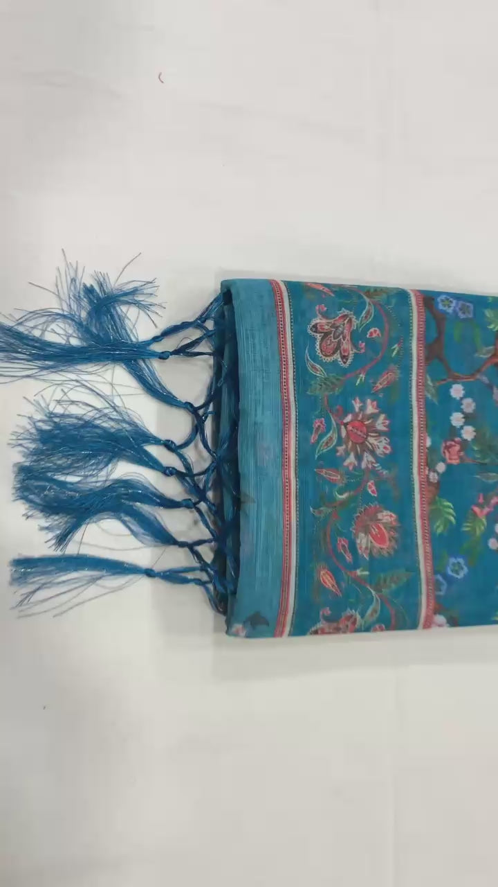 Floral Rich Pallu Linen Cotton Saree with Zahlar Tussle