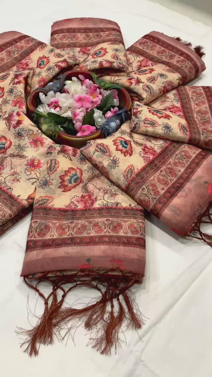 Rustic Bloom Floral, Horse & Village Digital Printed Linen Cotton Saree with Matching Blouse & Zahlar Tussl