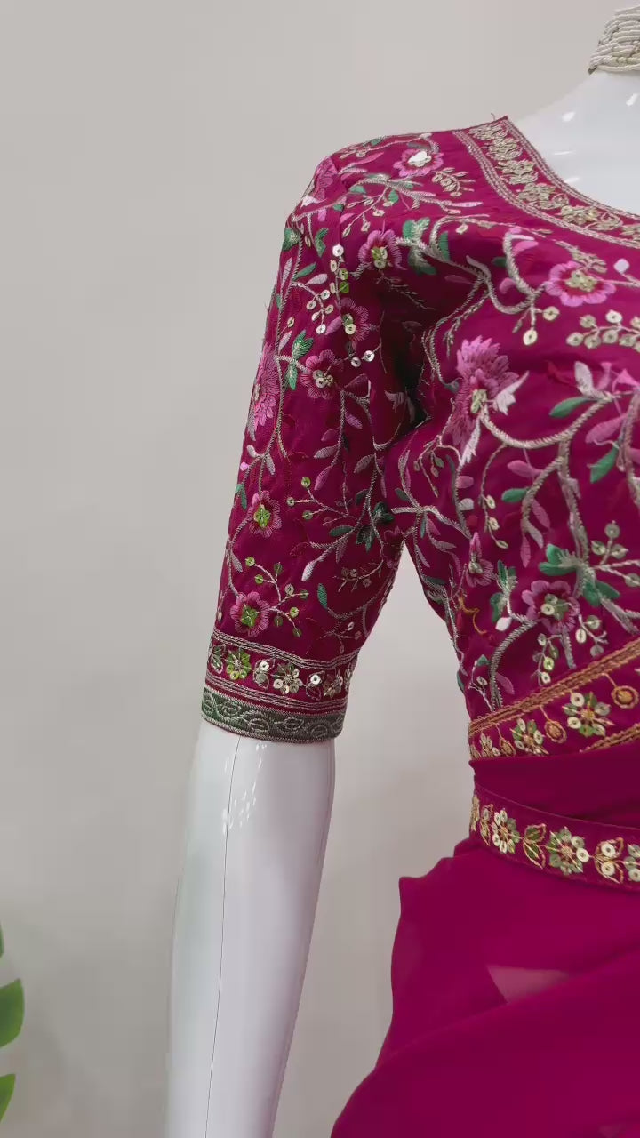 Glamorous Georgette Elegance Faux Georgette Saree with Thread & Sequin Work, Designer Blouse & Kamar Belt