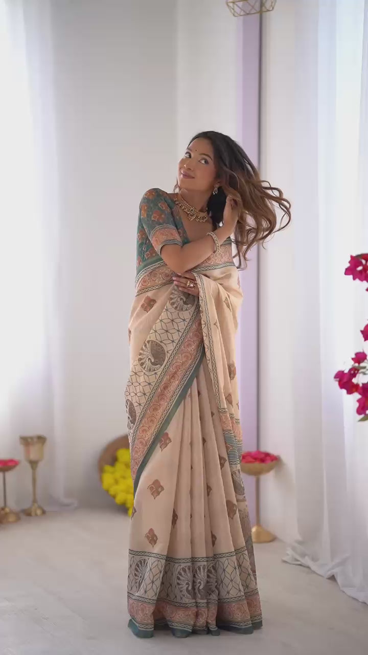Equestrian Elegance Horse & Scenic Digital Printed Linen Cotton Saree with Matching Blouse & Zahlar Tussle