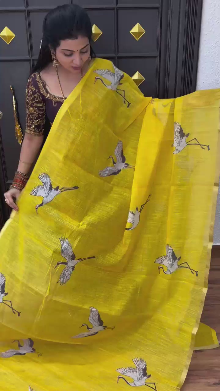 Golden Crane Elegance Linen Cotton Saree with Gold Zari Weaving Patti & Crane Digital Print