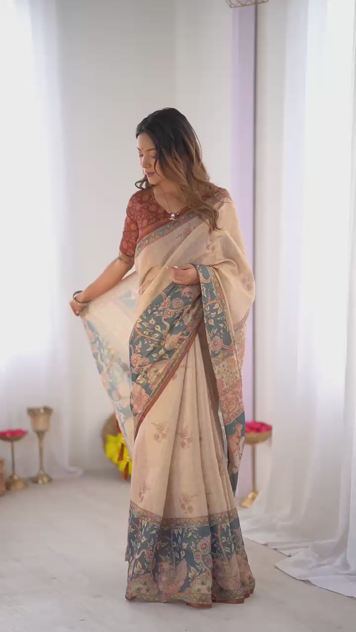 Floral & Animal Print Linen Cotton Saree with Zahlar Tussle