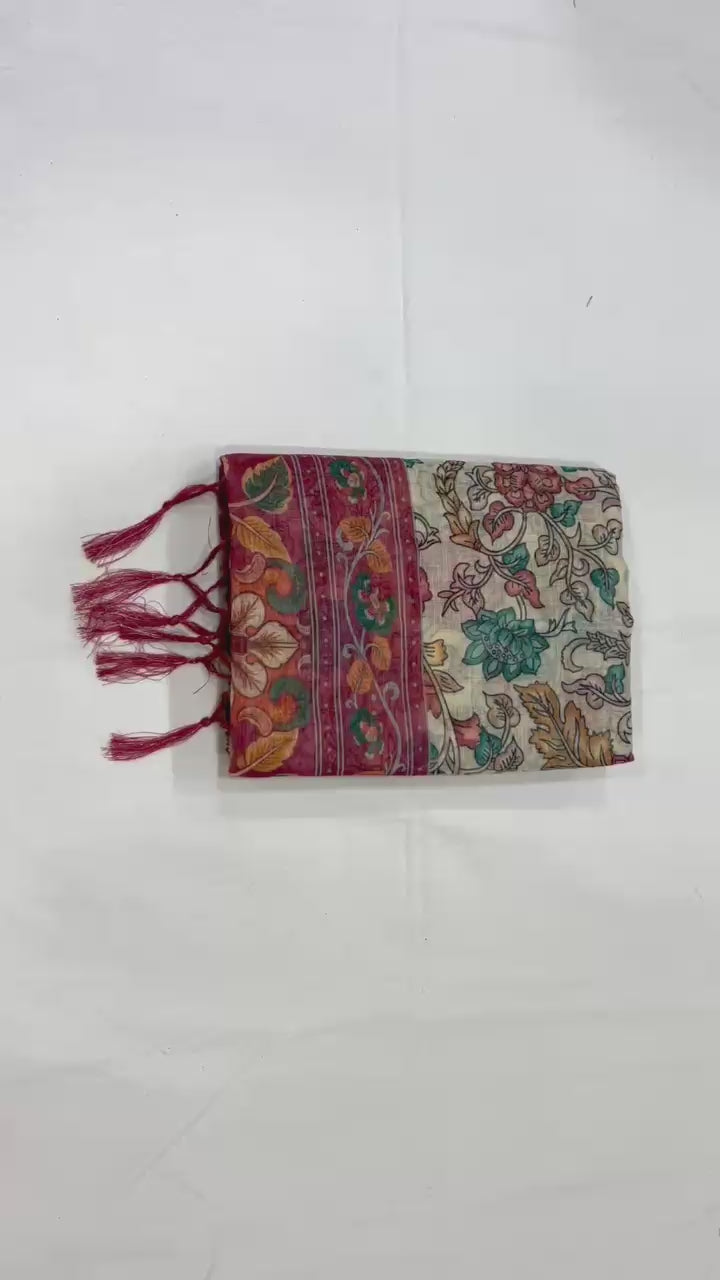 Premium Floral Linen Cotton Saree with Zahlar Tussle