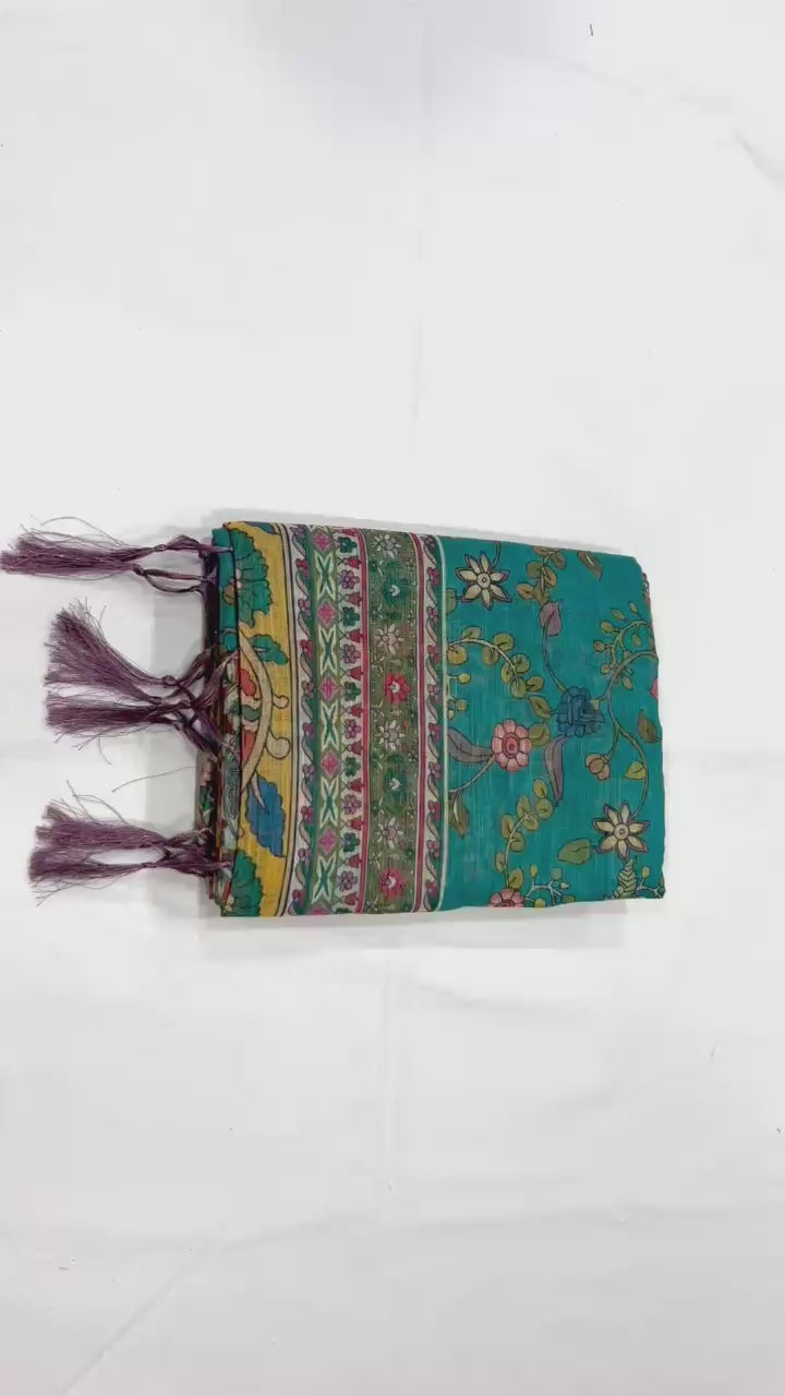 Elegant Floral Linen Cotton Saree with Zahlar Tussle