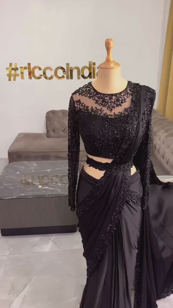 Designer Satin Silk Saree with Thread & Sequin Work Blouse & Belt