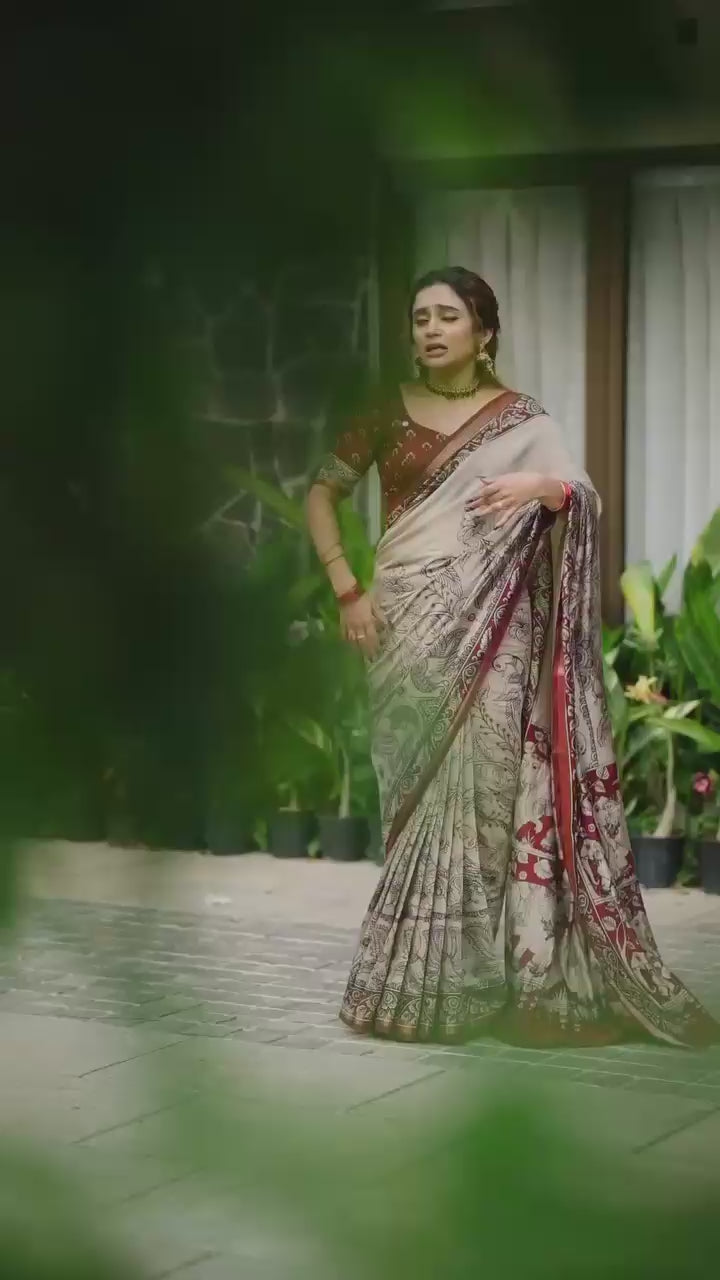 Elephant & Duck Linen Cotton Digital Printed Saree