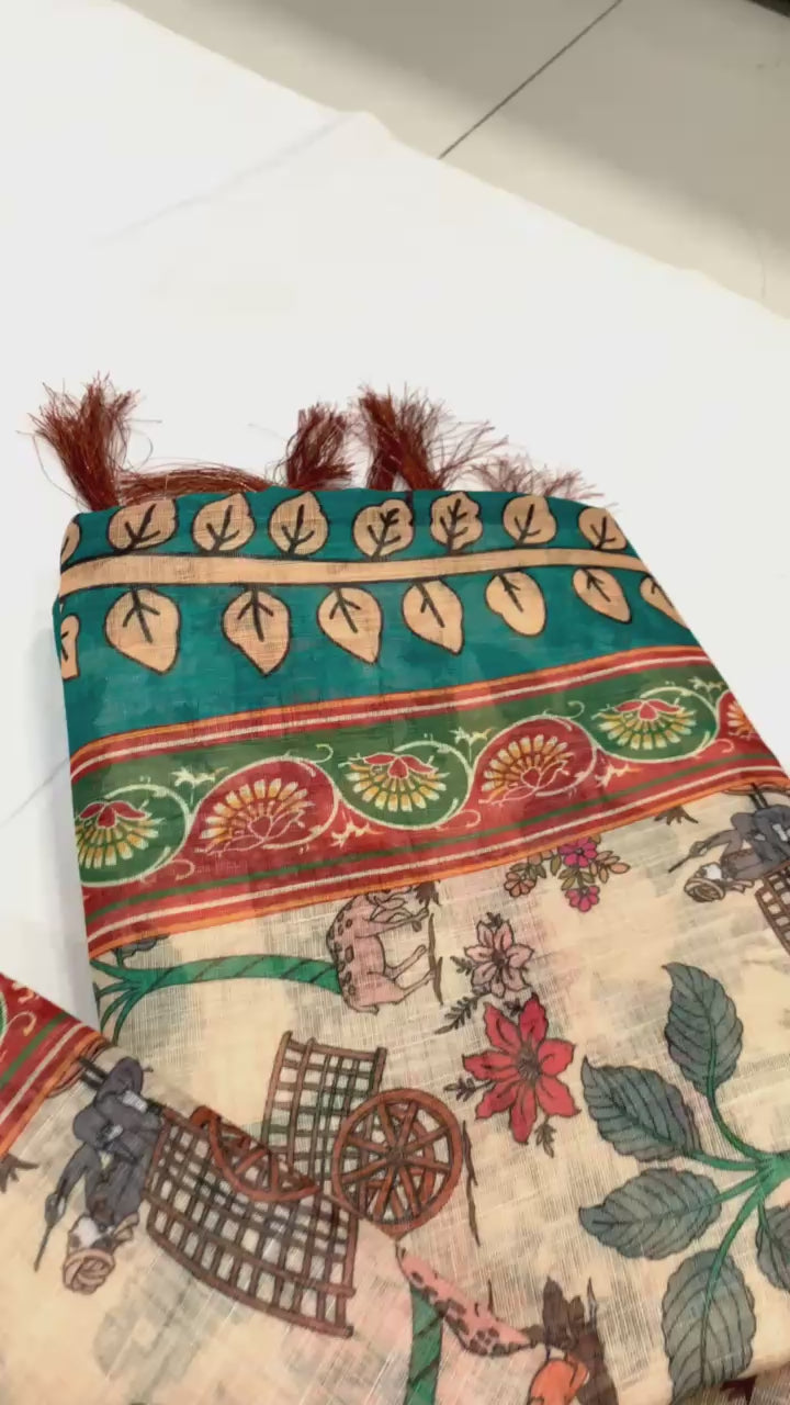 Peacock Paradise Forest & Village Digital Printed Linen Cotton Saree with Matching Blouse & Zahlar Tussle