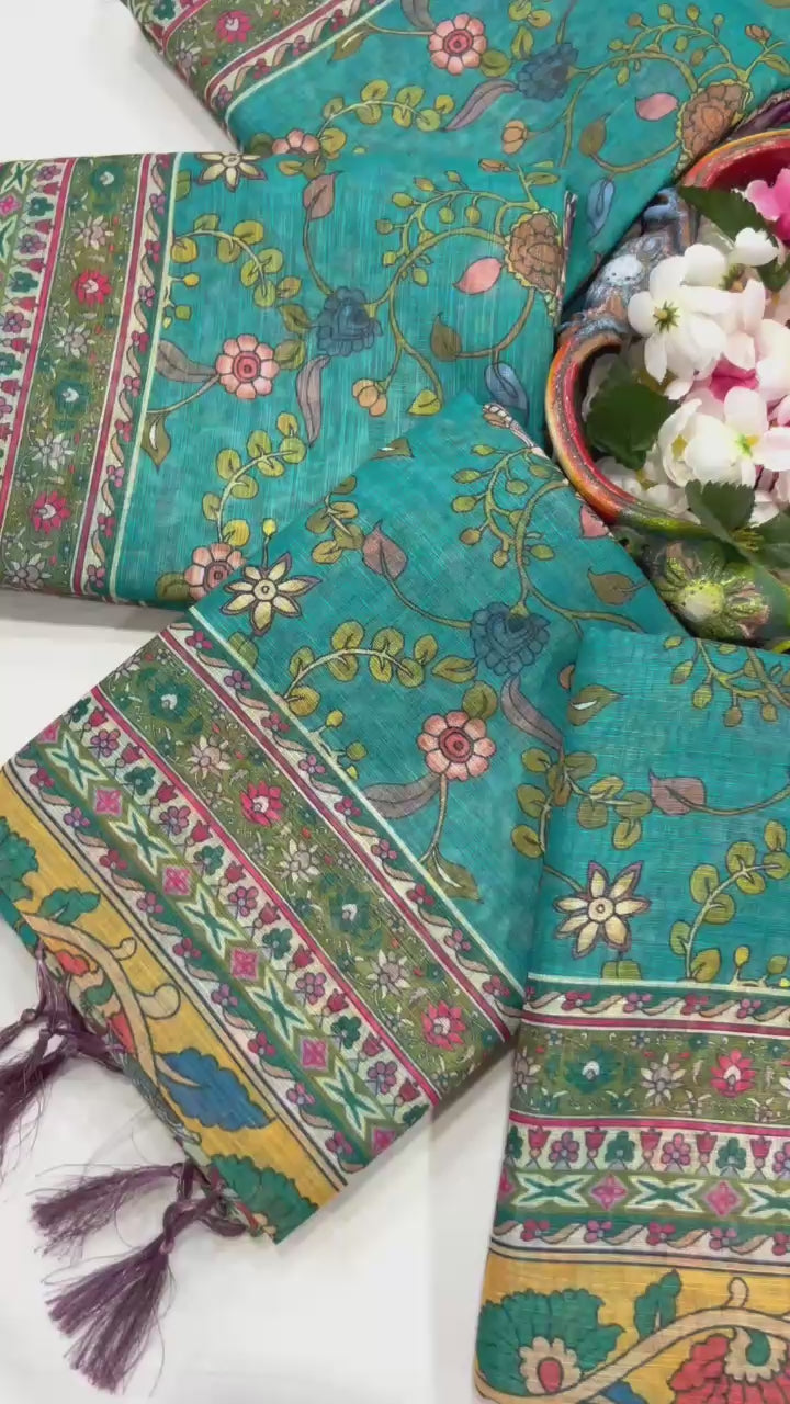 Elegant Floral Linen Cotton Saree with Zahlar Tussle