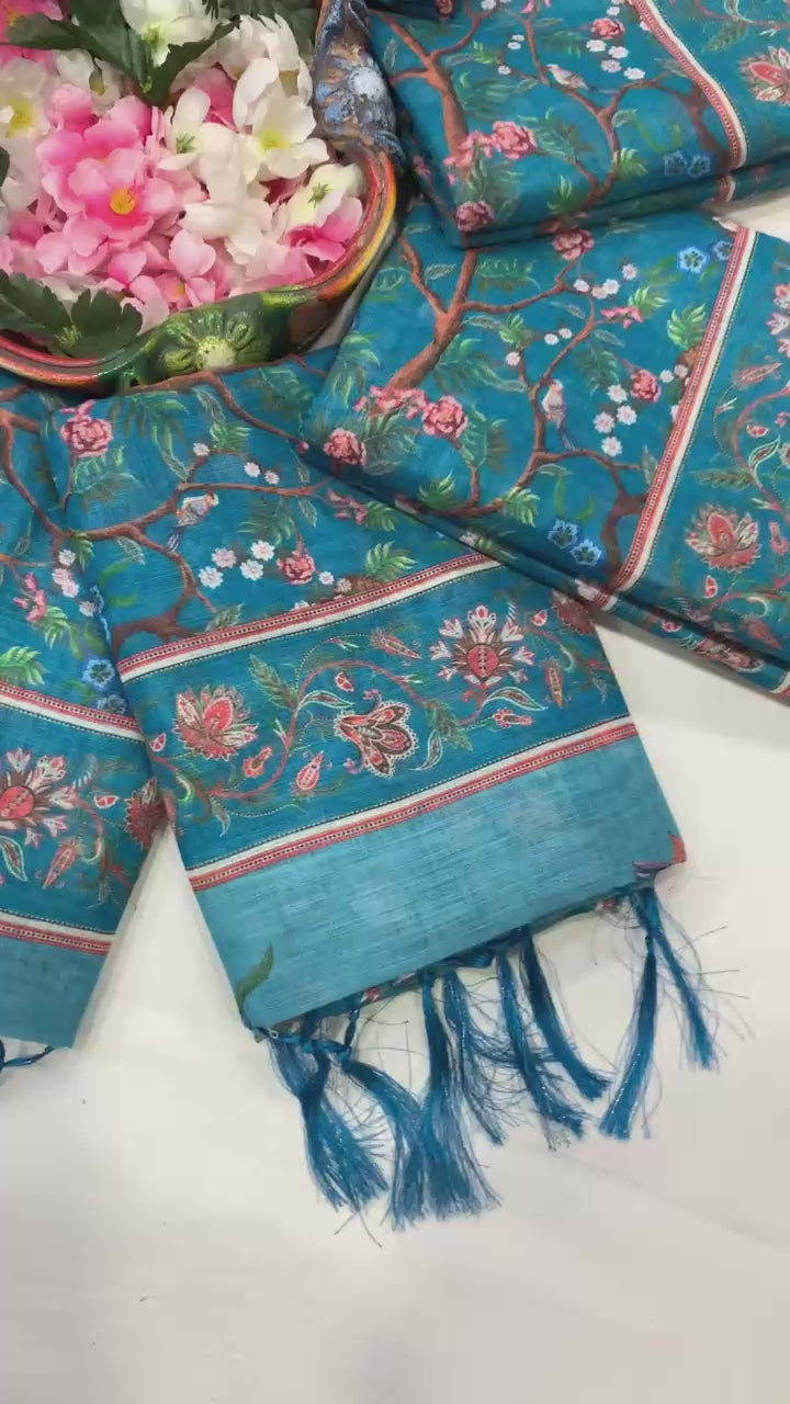 Floral Rich Pallu Linen Cotton Saree with Zahlar Tussle