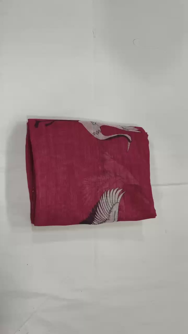 Golden Crane Elegance Linen Cotton Saree with Gold Zari Weaving Patti & Crane Digital Print