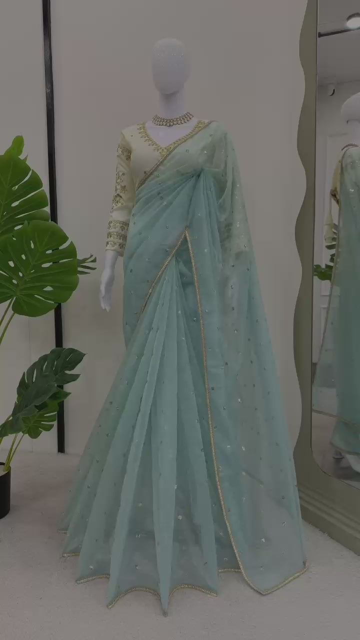 Ethereal Lace Glamour Heavy Twill Net Saree with Thread & Sequin Work & Designer Blouse