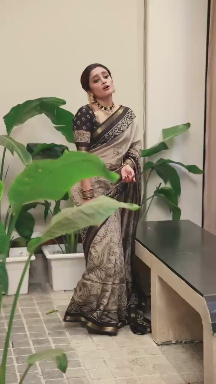 Elephant & Duck Linen Cotton Digital Printed Saree