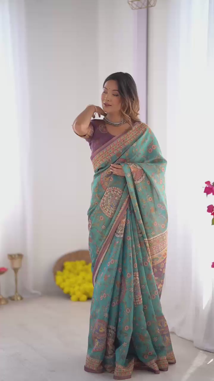Elegant Floral Linen Cotton Saree with Zahlar Tussle