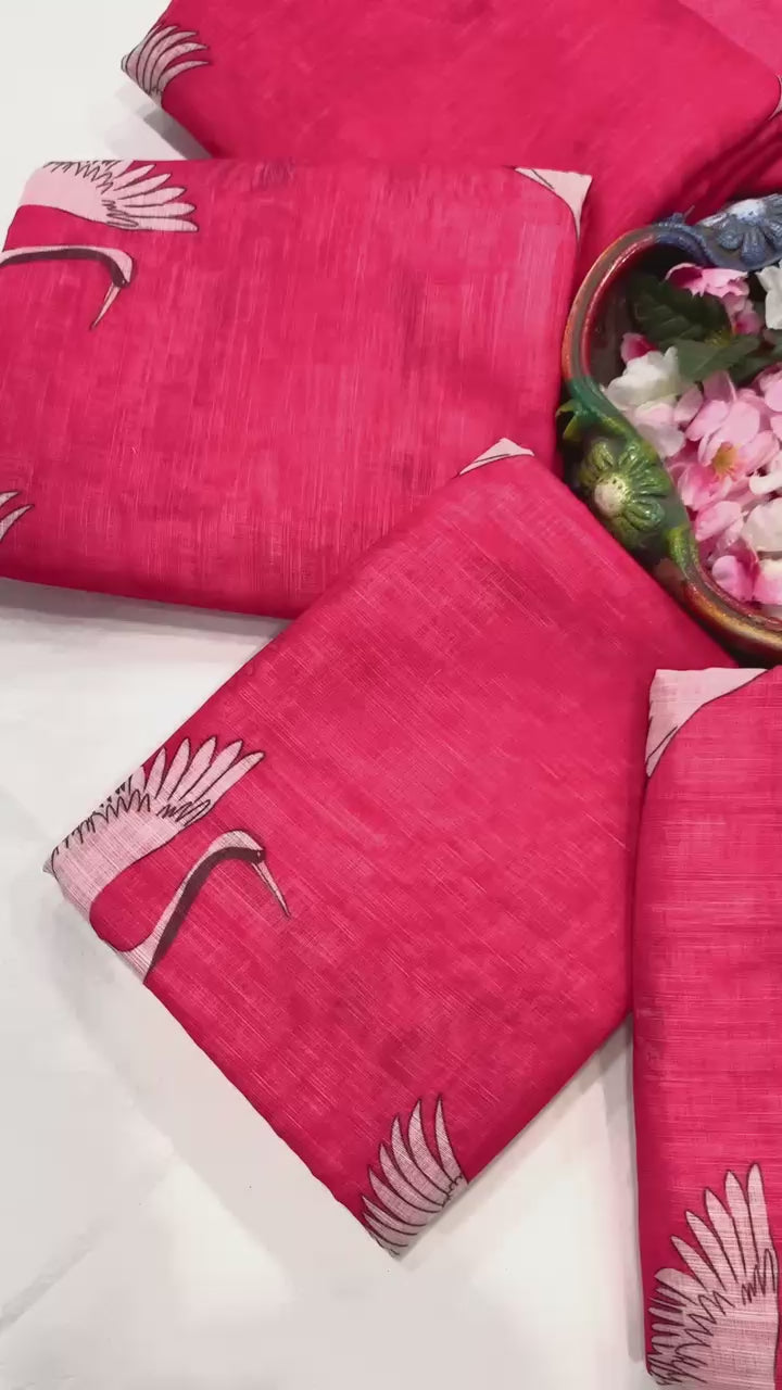 Crane Serenity  Elegant Linen Cotton Digital Printed Saree with Matching Printed Blouse