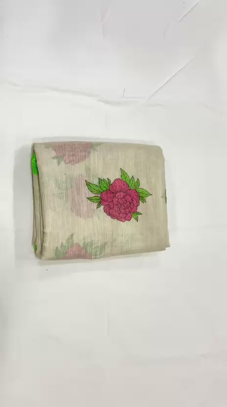 Floral Grace Elegant Linen Cotton Digital Printed Saree with Matching Floral Blouse