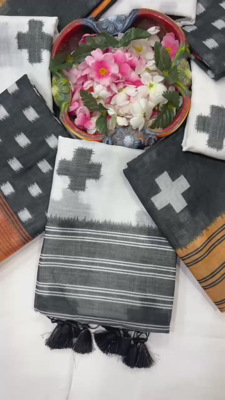 Plus Symbol Linen Cotton Saree with Zahlar Tussle