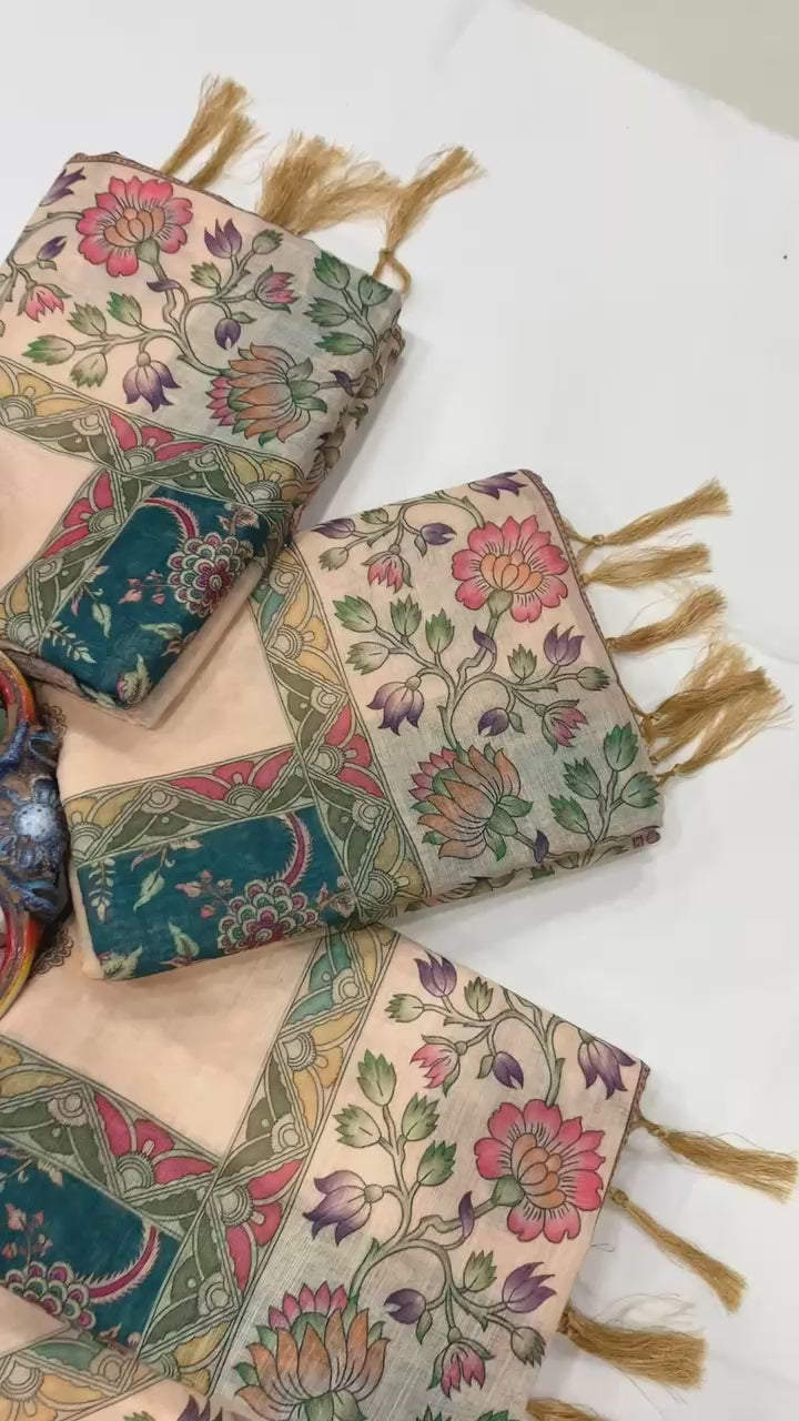 Floral & Animal Print Linen Cotton Saree with Zahlar Tussle