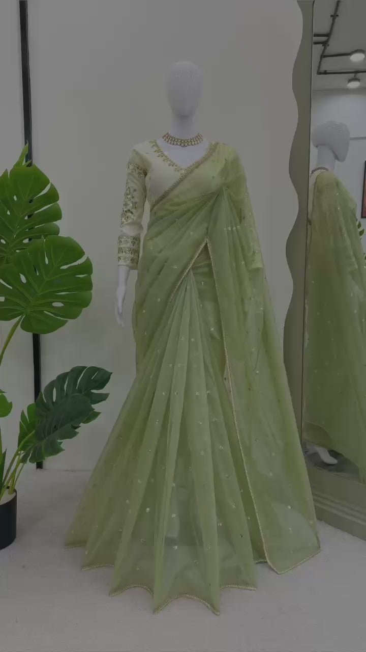 Ethereal Lace Glamour Heavy Twill Net Saree with Thread & Sequin Work & Designer Blouse