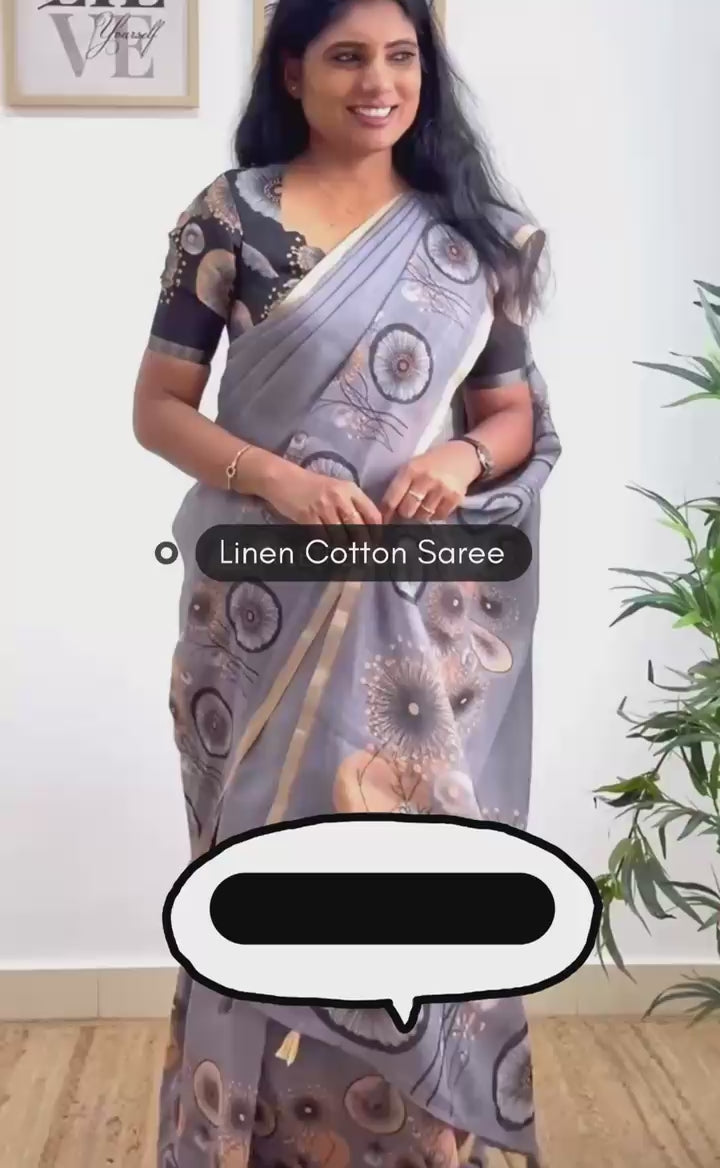 Golden Bloom Royale Linen Cotton Saree with Gold Zari Weaving Patti & Elegant Digital Print