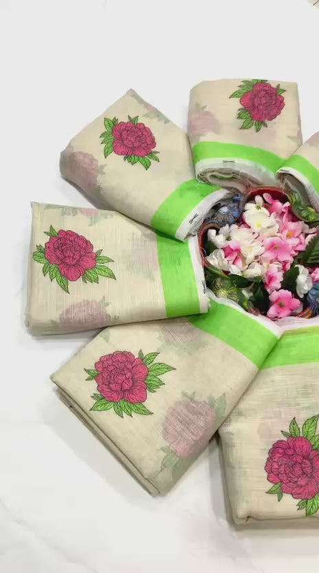 Floral Grace Elegant Linen Cotton Digital Printed Saree with Matching Floral Blouse