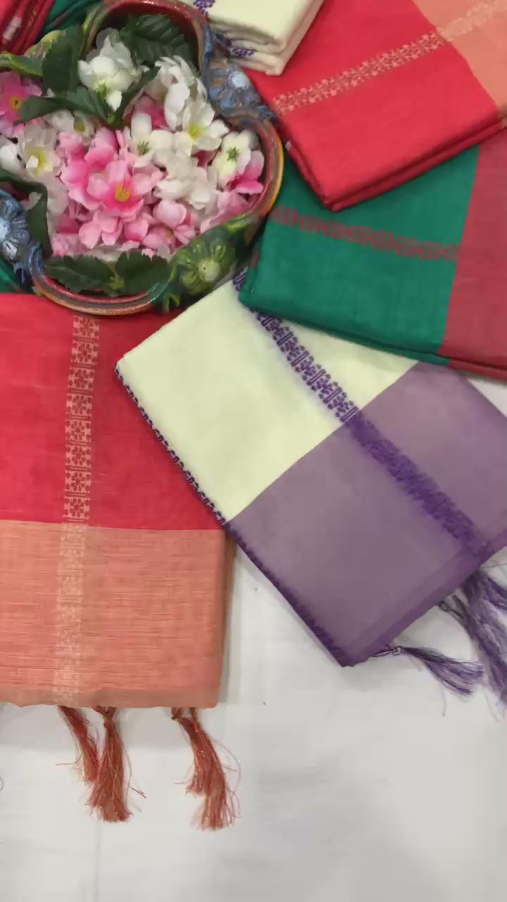 Elegant Lining Print Linen Cotton Saree with Zahlar Tussle