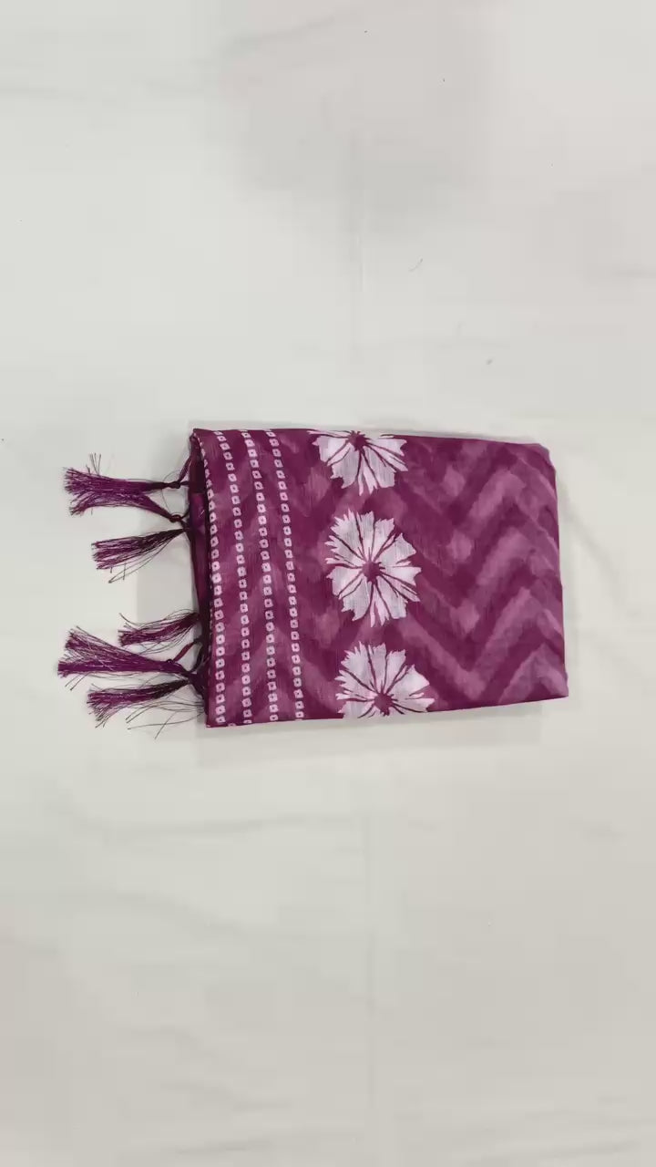 Purple Zahlar Majesty Silver Patta Weaving Linen Cotton Saree with Zigzag Digital Print & Matching Blouse