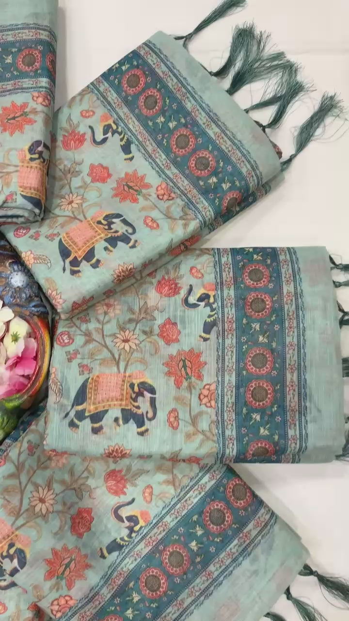 Floral & Animal Rich Pallu Linen Cotton Saree with Zahlar Tussle