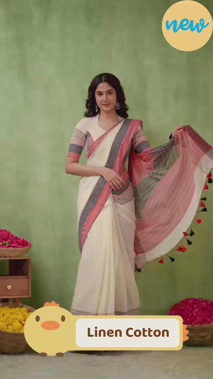 Premium Lining Pallu Linen Cotton Saree with Zahlar Tussle