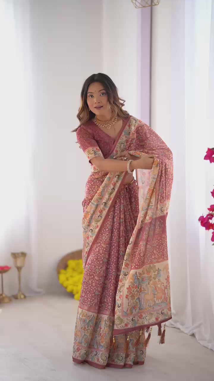 Full Body Floral Rich Pallu Linen Cotton Saree with Zahlar Tussle