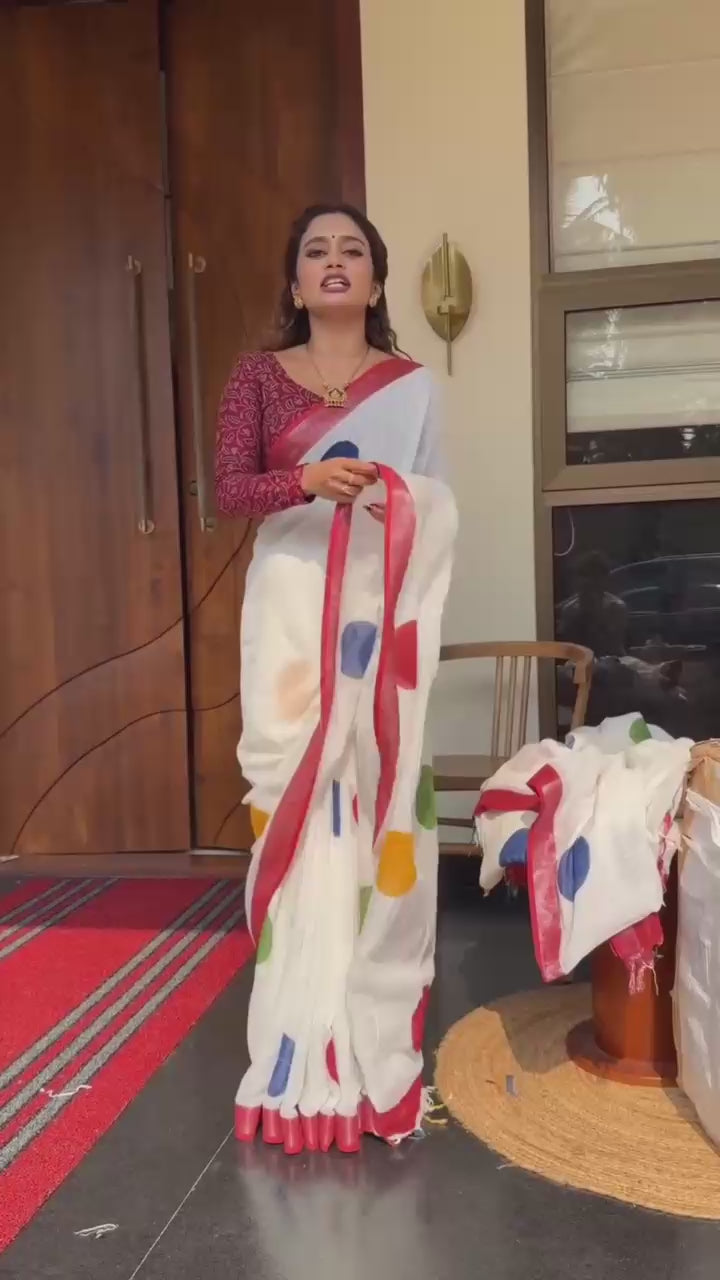 Zahlar Circle Charm Silver Patta Weaving Linen Cotton Saree with Geometric Round Digital Print & Matching Blouse