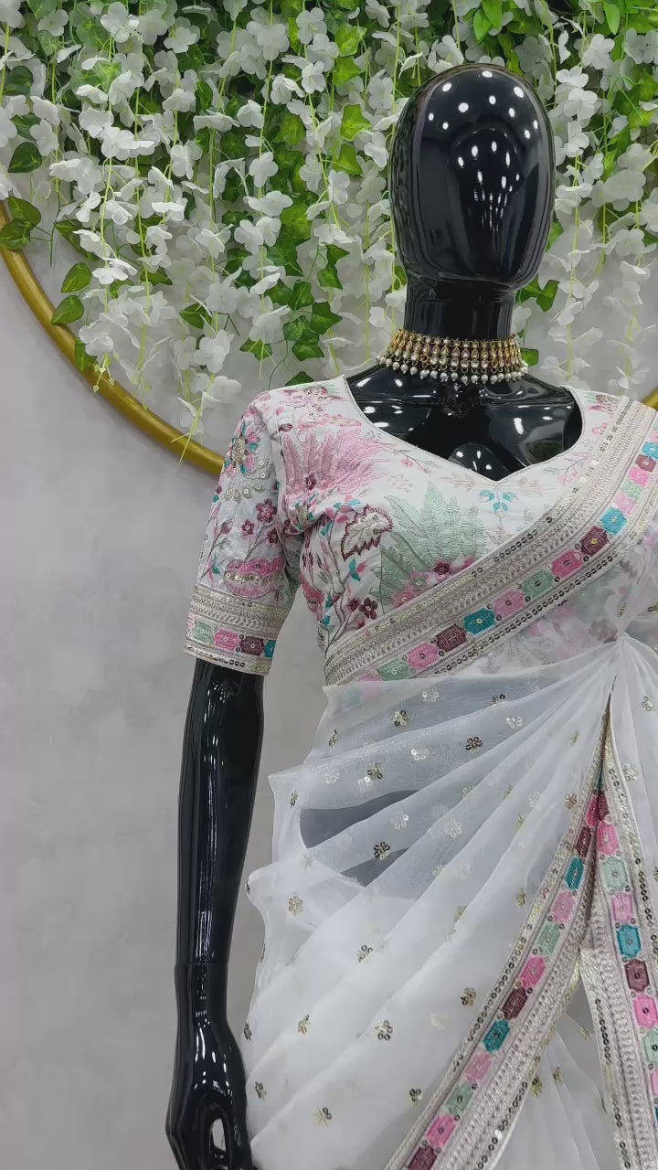 Royal Organza Elegance – Heavy Organza Silk Saree with Thread & Sequin Work and Banglory Silk Blouse