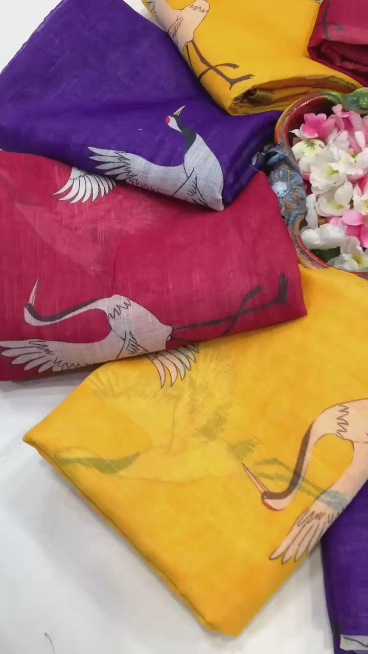 Golden Crane Elegance Linen Cotton Saree with Gold Zari Weaving Patti & Crane Digital Print