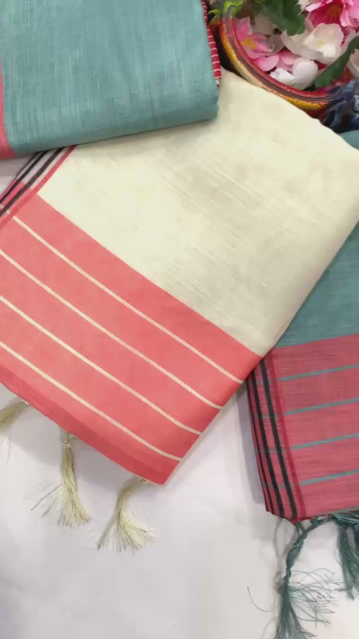 Premium Lining Pallu Linen Cotton Saree with Zahlar Tussle