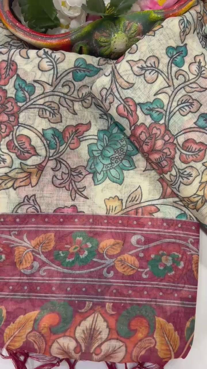 Premium Floral Linen Cotton Saree with Zahlar Tussle