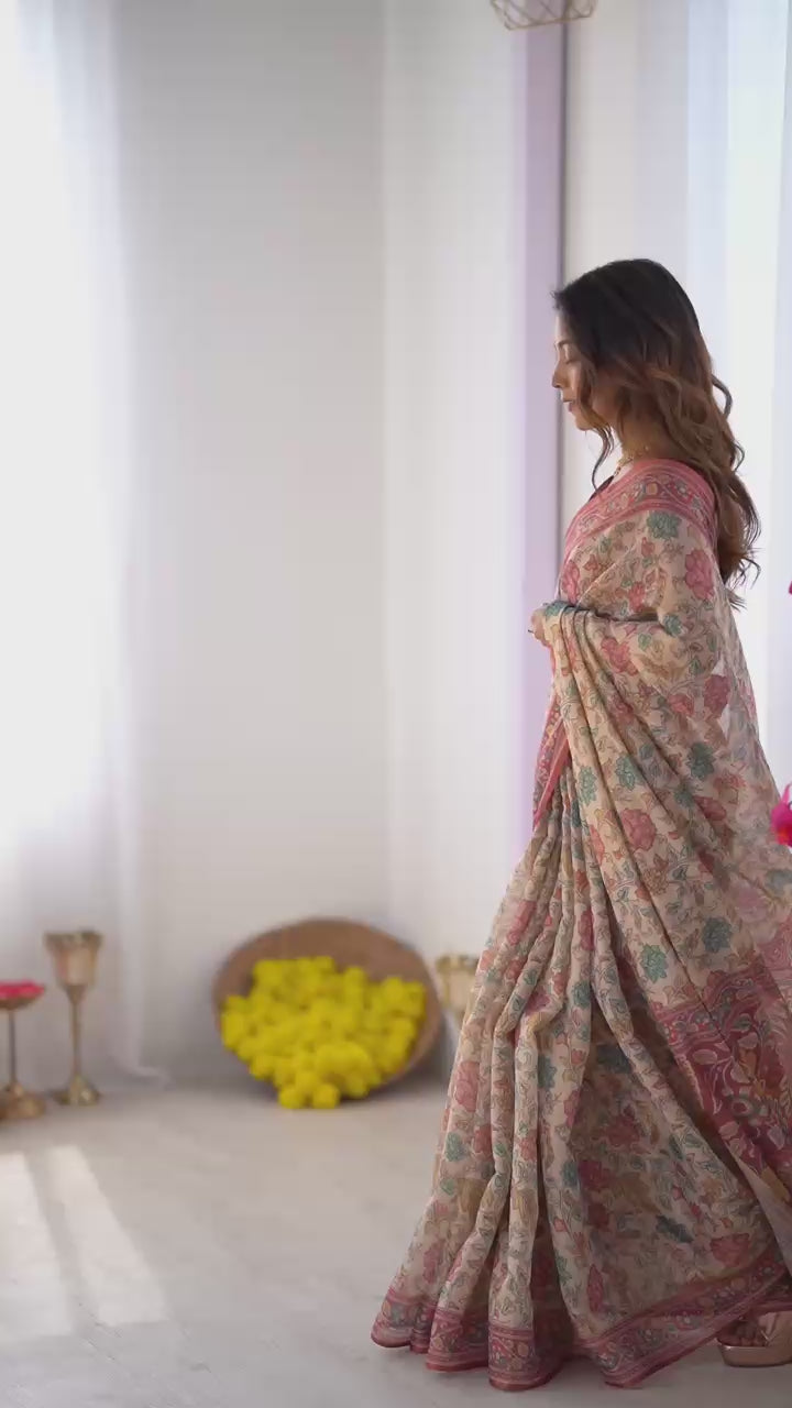 Premium Floral Linen Cotton Saree with Zahlar Tussle