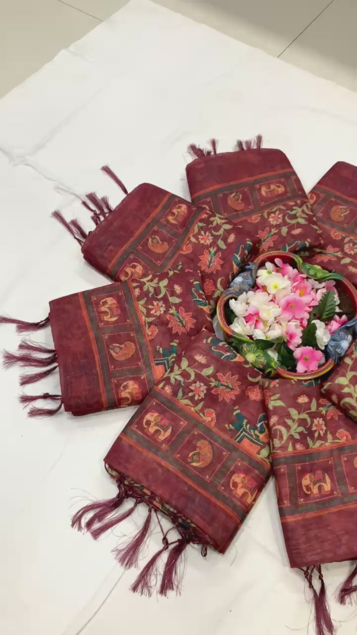 Elephant Bloom Elegance Floral & Elephant Digital Printed Linen Cotton Saree with Matching Blouse & Zahlar Tussle